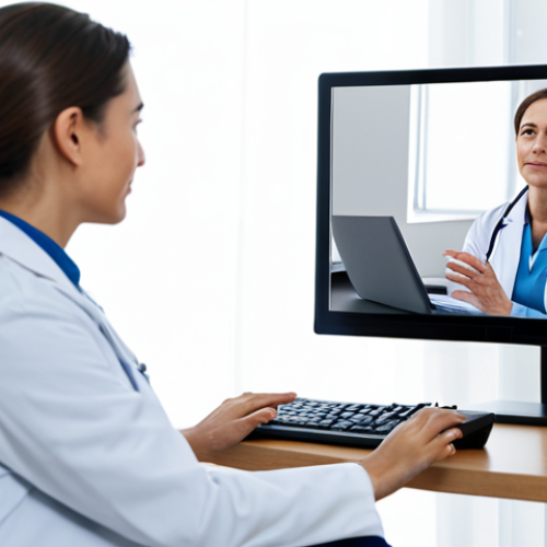 **Prompt:** A professional female doctor, fully clothed in a modest, clean white lab coat over professional attire, is looking attentively at a large screen displaying a video call. On the screen, a fully clothed male patient, wearing appropriate comfortable attire, is engaged in a remote consultation from his well-lit living room. The doctor is seated at a modern desk in a bright, clean telehealth office setting with subtle medical decor in the background. The scene emphasizes clear communication and advanced technology, presented in a professional photography style with high resolution. This image is safe for work, appropriate content, professional, with perfect anatomy, correct proportions, natural pose, well-formed hands, proper finger count, and natural body proportions.