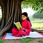 **

A young girl, fully clothed in a modest salwar kameez, reading a Hindi storybook under a banyan tree in a village. Safe for work, appropriate content, family-friendly, perfect anatomy, natural pose, well-formed hands, proper finger count, professional illustration, high quality.

**