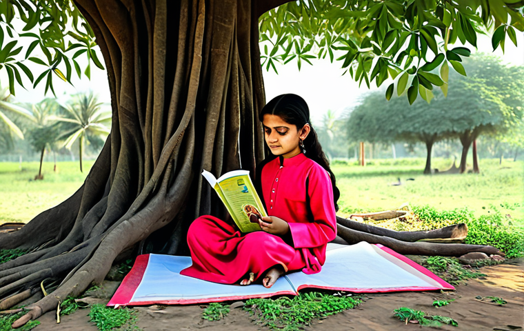 **

A young girl, fully clothed in a modest salwar kameez, reading a Hindi storybook under a banyan tree in a village. Safe for work, appropriate content, family-friendly, perfect anatomy, natural pose, well-formed hands, proper finger count, professional illustration, high quality.

**