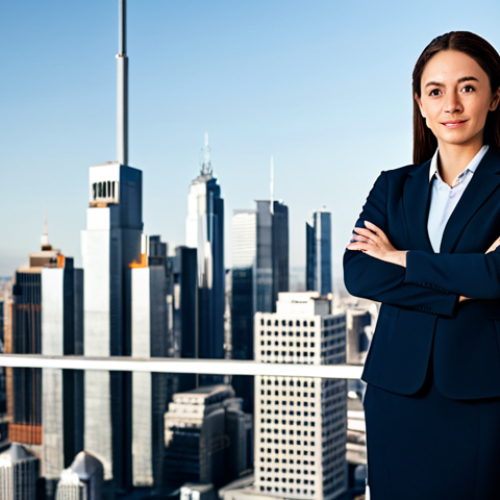 A professional businesswoman in a modest business suit, standing confidently in a modern office with city skyline views, fully clothed, appropriate attire, safe for work, perfect anatomy, natural proportions, professional photography, high quality.