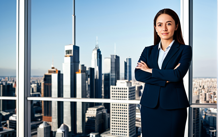 A professional businesswoman in a modest business suit, standing confidently in a modern office with city skyline views, fully clothed, appropriate attire, safe for work, perfect anatomy, natural proportions, professional photography, high quality.