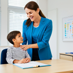 **

"A professional female speech therapist, fully clothed in modest office attire, helping a young child with speech exercises in a bright, cheerful clinic room, safe for work, appropriate content, perfect anatomy, natural proportions, professional setting, family-friendly."

**