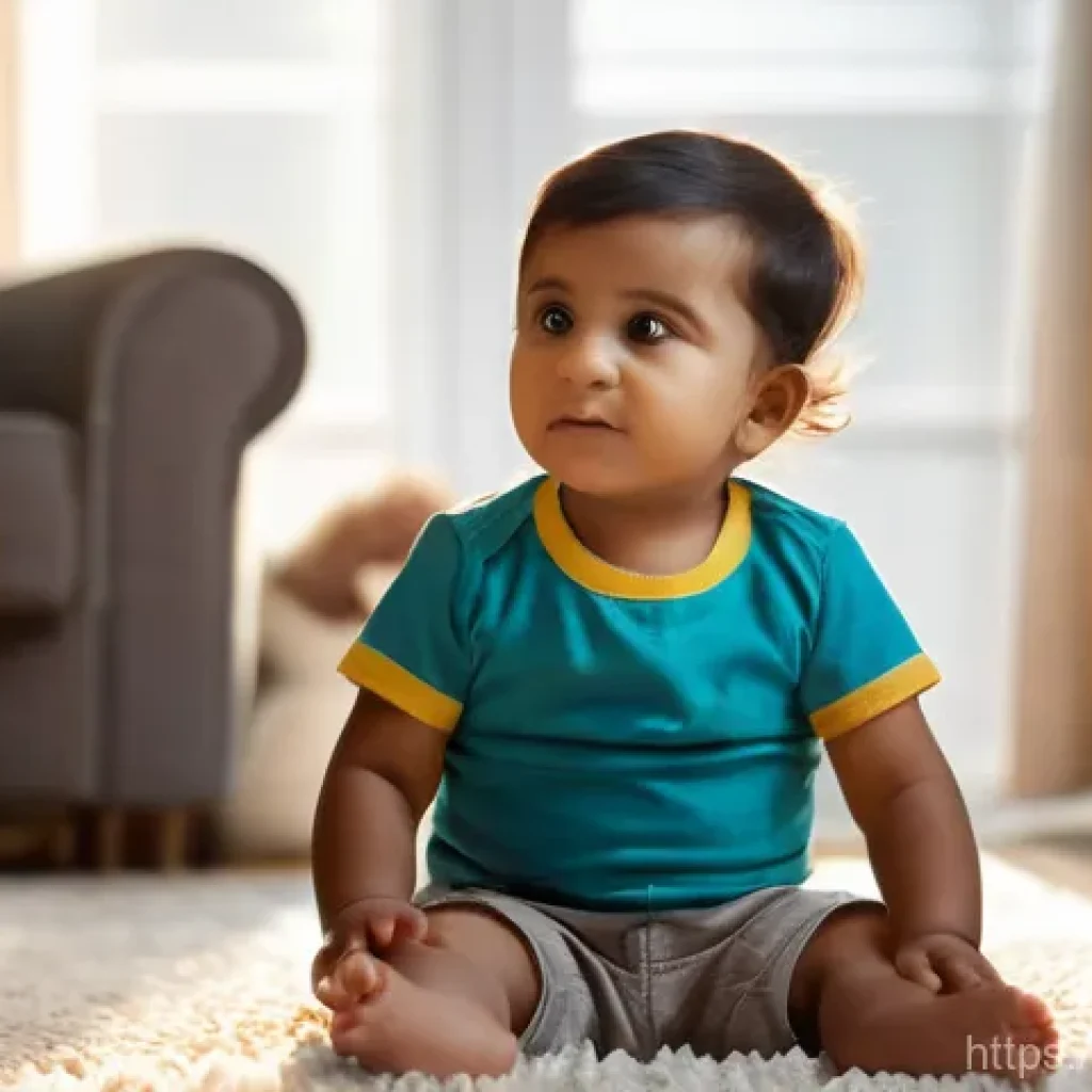 언어장애 - **Prompt:** A 2-year-old Indian child, wearing a clean, colorful t-shirt and shorts, sits on a soft ...