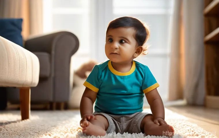 언어장애 - **Prompt:** A 2-year-old Indian child, wearing a clean, colorful t-shirt and shorts, sits on a soft ...