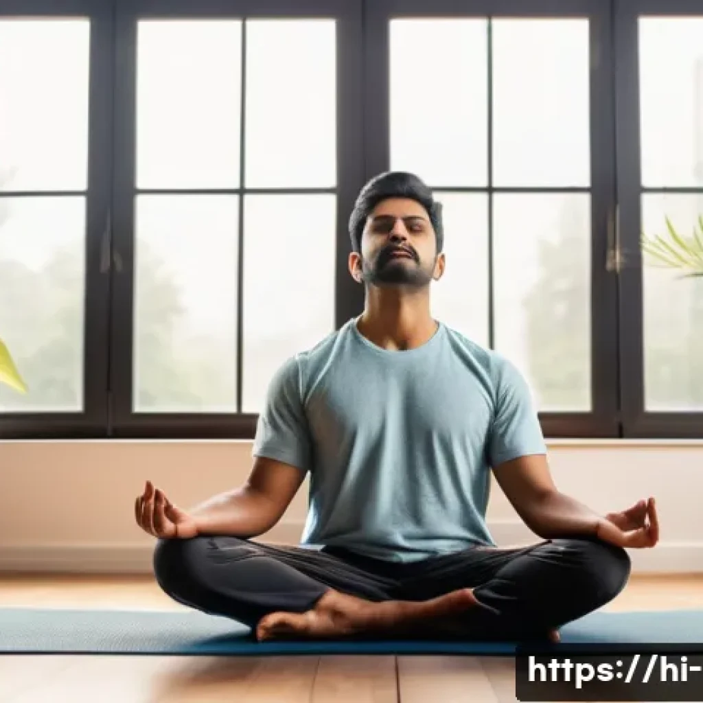 말더듬 치료 - A thoughtful Indian man in his 30s practicing deep breathing exercises in a serene indoor setting, w...