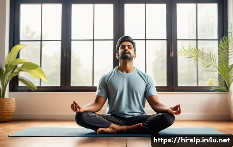 말더듬 치료 - A thoughtful Indian man in his 30s practicing deep breathing exercises in a serene indoor setting, w...
