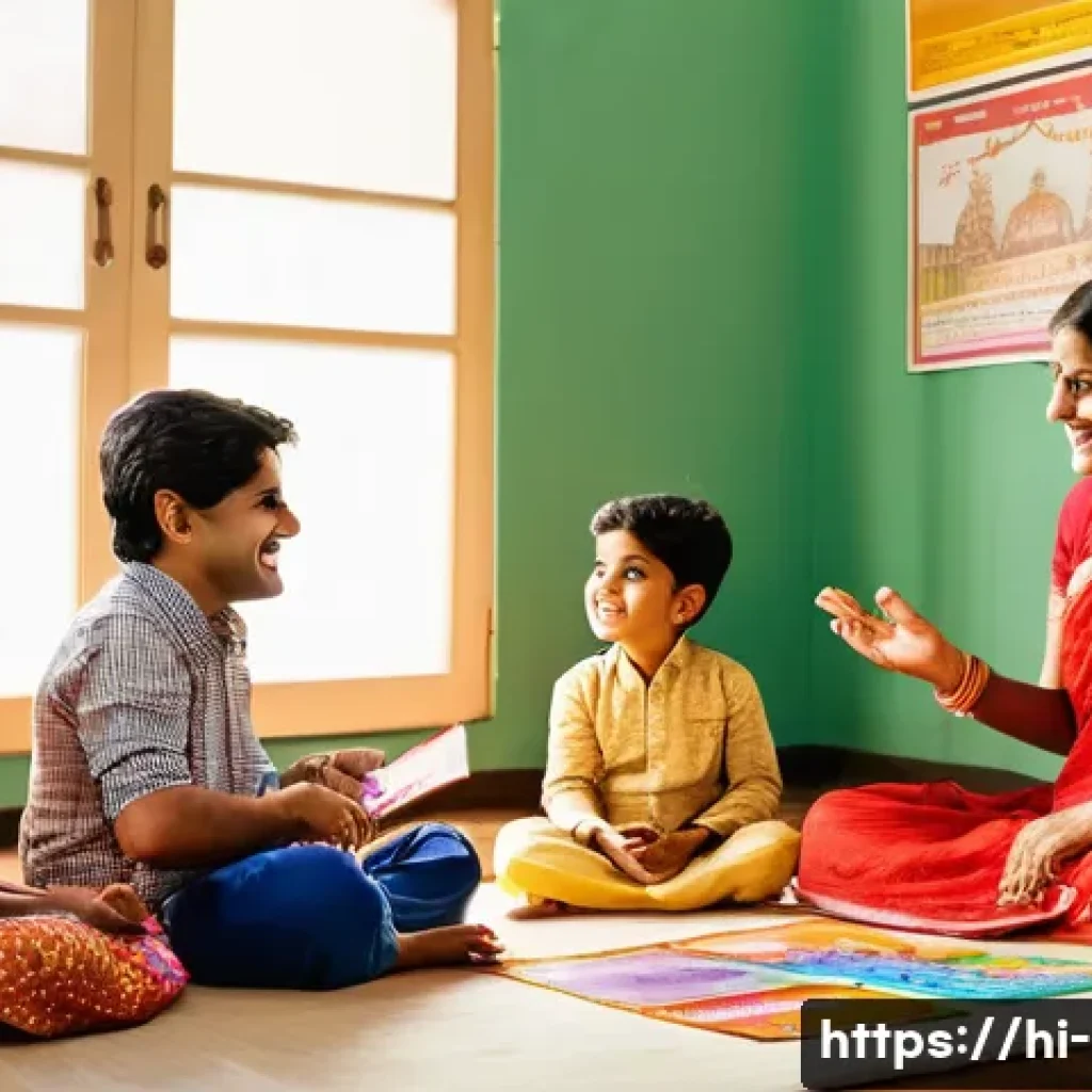 구술 발달 및 치료법 - A warm, inviting scene of a Hindi-speaking family in an Indian living room, engaging in interactive ...