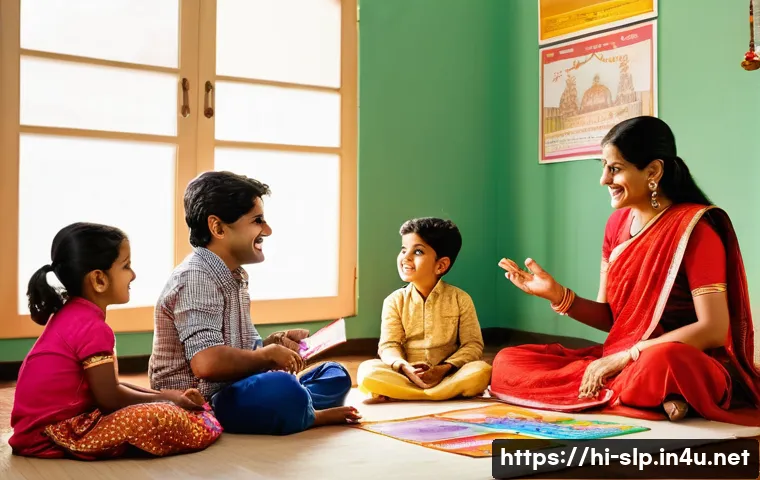 구술 발달 및 치료법 - A warm, inviting scene of a Hindi-speaking family in an Indian living room, engaging in interactive ...