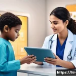 Home 21 언어치료학 전공 동향 - A modern clinical setting featuring a diverse group of children and adults engaged with AI-powered l...