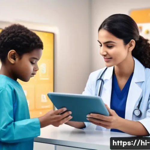 Home 33 언어치료학 전공 동향 - A modern clinical setting featuring a diverse group of children and adults engaged with AI-powered l...