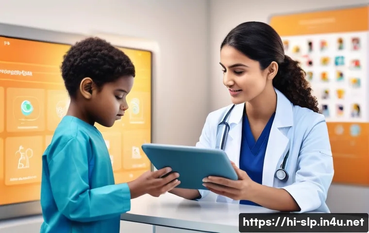 언어치료학 전공 동향 - A modern clinical setting featuring a diverse group of children and adults engaged with AI-powered l...