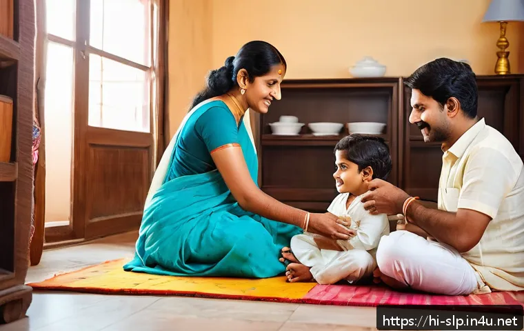 언어병리학 - A compassionate Indian family scene showing a young child wearing a diaper engaged in speech therapy...