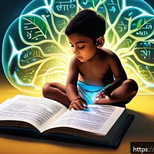 Home 31 언어 발달과 인지 발달 - A detailed and vibrant digital illustration showing a young Indian child wearing a diaper, sitting c...