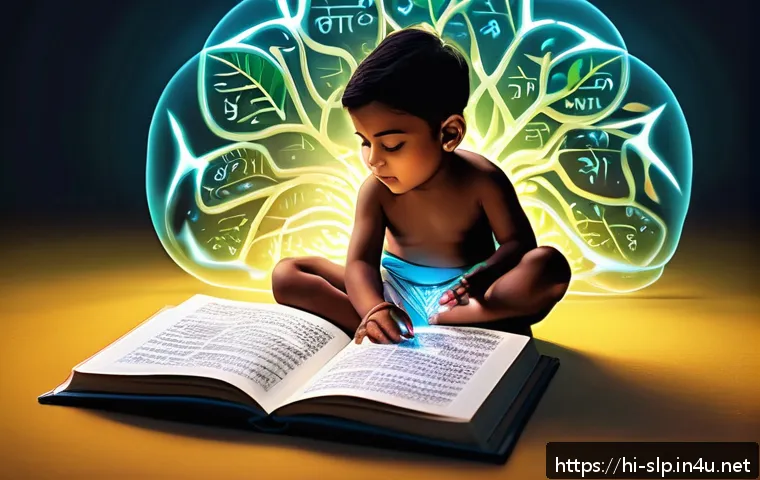 언어 발달과 인지 발달 - A detailed and vibrant digital illustration showing a young Indian child wearing a diaper, sitting c...