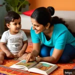 Home 18 언어 발달 평가 - A warm, cozy indoor scene showing an Indian mother and her toddler son sitting on a colorful rug, su...