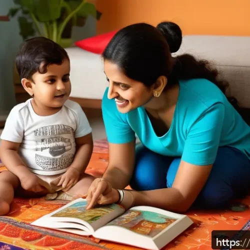 Home 30 언어 발달 평가 - A warm, cozy indoor scene showing an Indian mother and her toddler son sitting on a colorful rug, su...