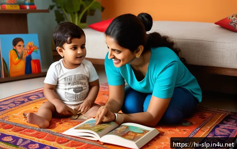 언어 발달 평가 - A warm, cozy indoor scene showing an Indian mother and her toddler son sitting on a colorful rug, su...