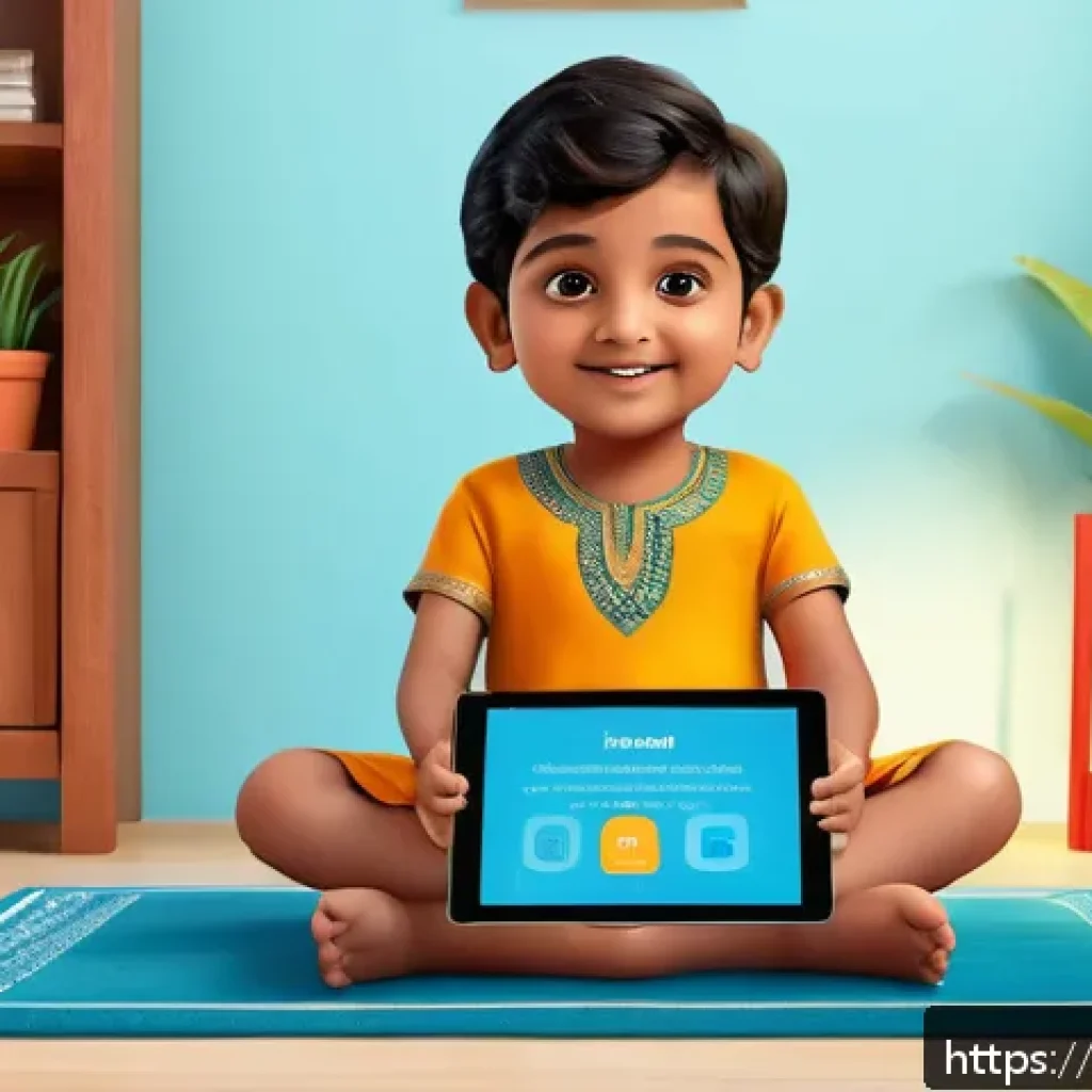 언어 치료학의 발전 - A bright and colorful digital therapy session scene showing a young Indian child wearing a diaper, s...