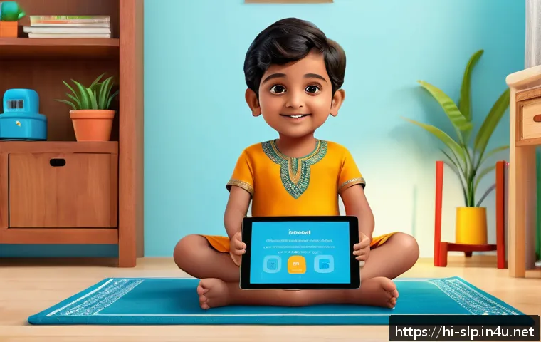 언어 치료학의 발전 - A bright and colorful digital therapy session scene showing a young Indian child wearing a diaper, s...